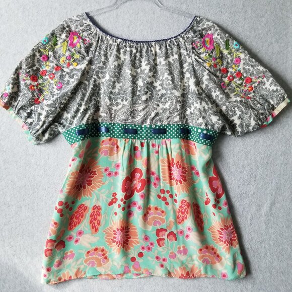 Anthropologie Fei Flores Silk Feminine Boho Peasant Embroidered Y2K Blouse Sz 14 - Picture 7 of 12